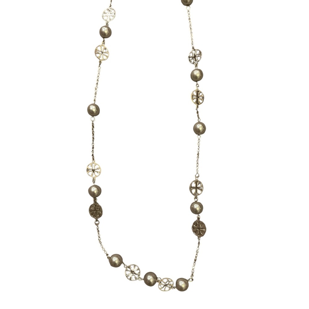 Tory Burch Elegant Logo Beaded Silver Tone Long Chain Statement Necklace Jewelry